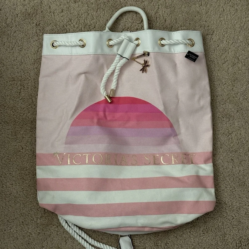Victoria's Secret Pink Striped Sunset Cinch Drawstring Tote Beach Backpack NWT